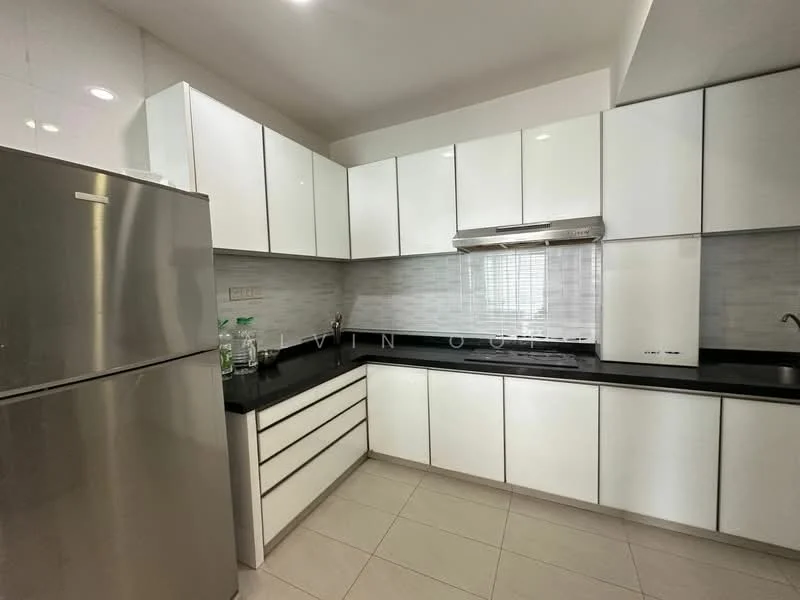 Kitchen features: white glossy cabinetry, black granite countertop, stainless-steel fridge, built-in oven, stainless-steel range hood, ceramic tile backsplash, double-bowl stainless-steel sink, chrome pull-down faucet, under-cabinet lighting, tile flooring, recessed downlights; style: modern.