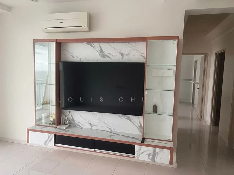 Living features: wall-mounted TV, marble feature wall, built-in cabinetry with glass shelves, white cabinetry with wood accents, light-colored tiled flooring, air conditioning unit, neutral wall color, open layout; style: modern.