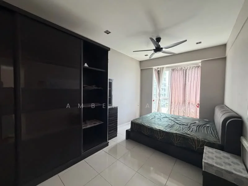 Bedroom features: queen-size bed, upholstered headboard, built-in wardrobe with dark wood finish, nightstand, floor-to-ceiling windows, sheer curtains, recessed downlights, ceiling fan, white painted walls, glossy tile flooring; style: modern; view: city.