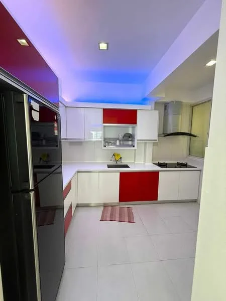 Kitchen features: white cabinetry with red accents, stainless-steel sink, chrome pull-down faucet, 2-burner gas hob, built-in oven, black refrigerator, white countertop, tile flooring, recessed ceiling lights, open shelving, kitchen island, window for natural light; style: modern.