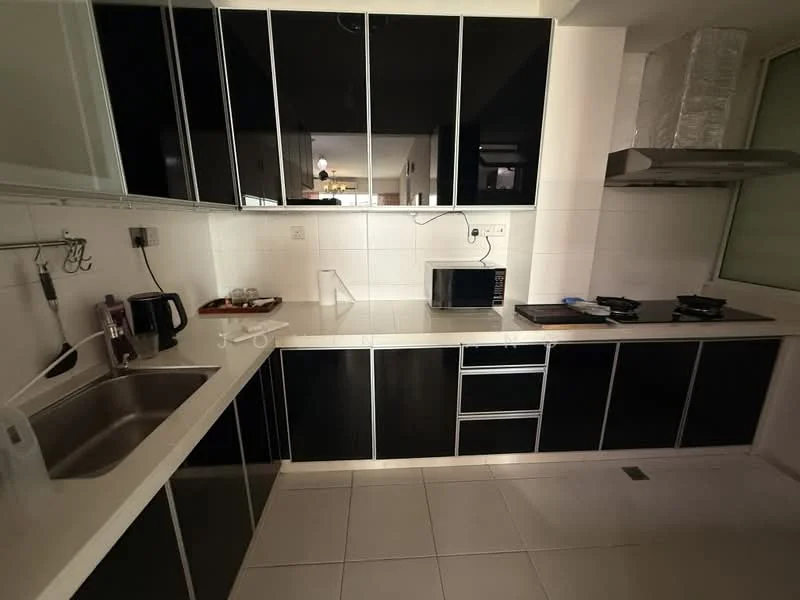 Kitchen features: black cabinetry, white countertop, stainless-steel sink, chrome faucet, built-in microwave, freestanding range oven, 2-burner gas hob, tile backsplash, white tiled flooring, recessed lighting, kitchen island, open shelving, wall-mounted cabinets, exhaust hood; style: modern.