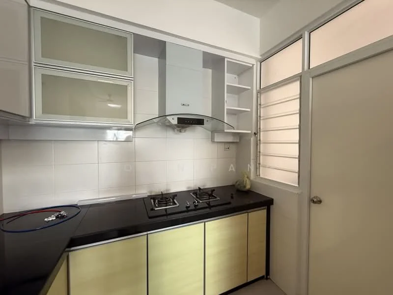 Kitchen features: black granite countertop, stainless-steel range hood, 2-burner gas hob, light wood cabinetry, glass-front upper cabinets, white tiled backsplash, white painted walls, sliding glass window, door with frosted glass panel; style: modern.