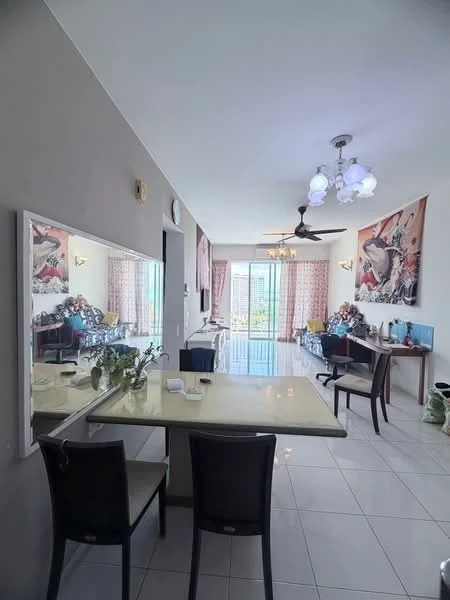 Living features: white painted walls, glossy tile flooring, 5-blade ceiling fan with light, chandelier, large mirror, dining table with green countertop, 4 dining chairs, decorative wall art, floor-to-ceiling windows, curtains, TV console, computer desk with chair; style: modern; view: city.