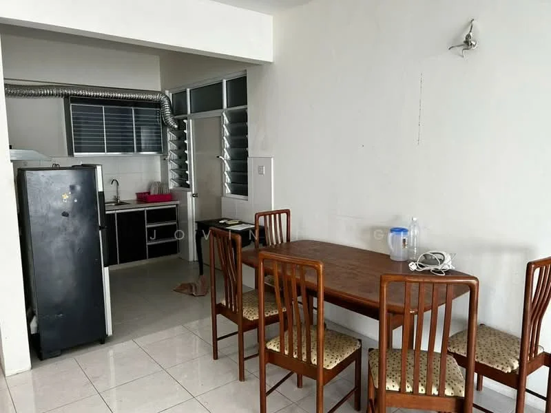 Dining features: wooden dining table, 4 wooden dining chairs with fabric seats, white walls, tile flooring, natural light from window, ceiling light fixture. Kitchen features: black refrigerator, stainless-steel sink, kitchen cabinets with black finish, white tiled backsplash, exposed ductwork, window with horizontal slats, countertop space, pink dish rack.