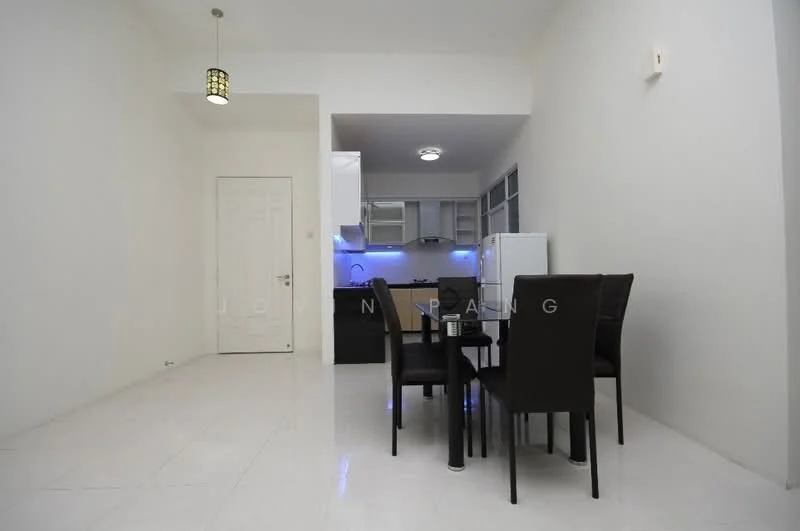 Dining features: white painted walls, glossy tile flooring, 6-seater dining table, black upholstered dining chairs, refrigerator, built-in kitchen cabinets, countertop with under-cabinet lighting, pendant light fixture, open layout to kitchen, kitchen with modern appliances; style: modern.