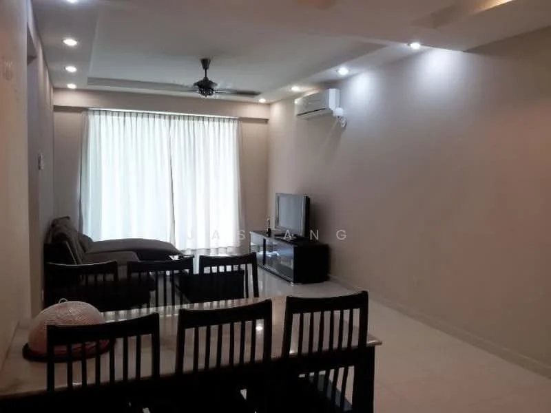 Living features: 3-seater fabric sofa in brown, coffee table, TV console, wall-mounted TV, floor-to-ceiling windows, sheer curtains, recessed downlights, ceiling fan, white painted walls, glossy tile flooring, air conditioning unit; style: modern.