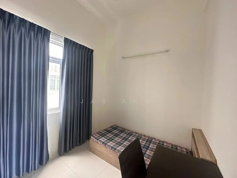 Bedroom features: single bed, plaid bedspread, wooden bed frame, floor-to-ceiling window, blue curtains, white painted walls, tile flooring, study desk, wall-mounted light fixture; style: minimalist.