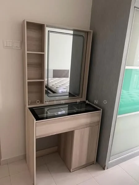 Room features: wooden vanity with mirror, glass top, open shelving on the left, drawer below the countertop, light-colored wood finish, neutral wall color, tile flooring; style: modern.