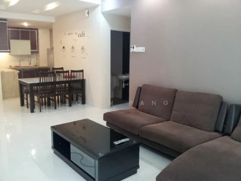 Living features: L-shape sectional sofa in brown, coffee table with black surface, white tiled flooring, grey painted walls, recessed downlights, wall-mounted TV, decorative wall art, open layout to dining area; style: modern. Dining features: 6-seater wooden dining table, wooden dining chairs, open layout to living area, kitchen visible in background; style: modern. Kitchen features: kitchen cabinets in dark wood, marble countertop, stainless-steel sink, built-in stove, open layout to dining area; style: modern.