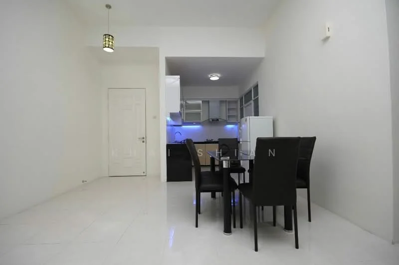 Dining features: white walls, glossy white tile flooring, 6-seater dining table, black upholstered dining chairs, pendant light fixture, refrigerator, kitchen cabinetry, blue LED under-cabinet lighting; style: modern. Kitchen features: white cabinetry, black countertop, stainless-steel sink, built-in oven, stove, microwave, open layout; style: modern.