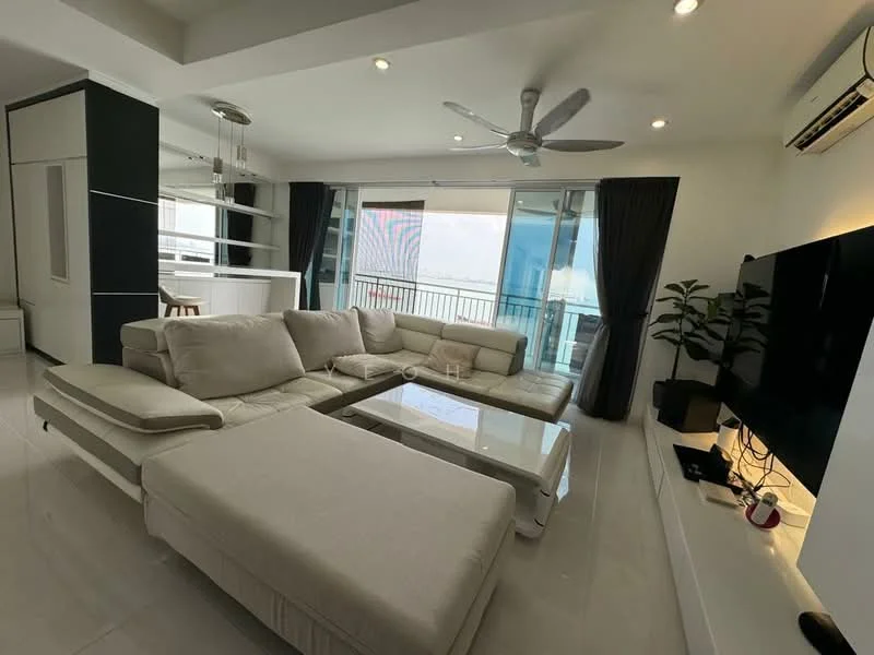 Living features: L-shape sectional sofa in light beige, coffee table with white surface, wall-mounted TV, ceiling fan with light, recessed downlights, floor-to-ceiling windows, sliding glass door, blackout curtains, decorative indoor plants, white painted walls, glossy tile flooring, open layout to kitchen, balcony view; style: modern; view: city.