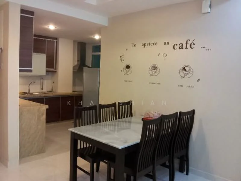 Dining features: 6-seater dining table with marble top, wooden dining chairs, wall-mounted artwork with text, cream painted walls, tile flooring, recessed downlights, open layout to kitchen, kitchen cabinetry visible in background; style: modern. Kitchen features: kitchen island with countertop, stainless-steel sink, built-in cabinets, refrigerator visible in background, ceramic tile backsplash, under-cabinet lighting; style: modern.