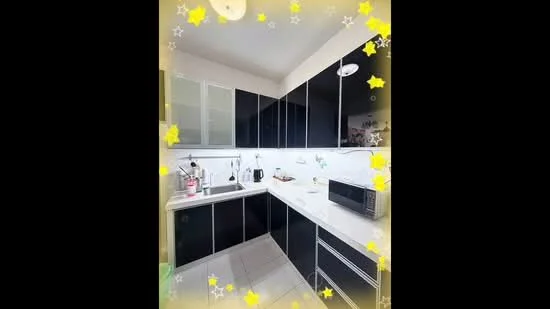 Kitchen features: black cabinetry, white countertop, stainless-steel sink, chrome pull-down faucet, built-in microwave, freestanding range oven, ceramic tile flooring, recessed downlights, wall-mounted cabinets, kitchen utensils visible, kitchen appliances visible; style: modern.