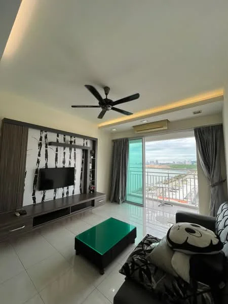 Living features: floor-to-ceiling windows, sliding glass door, grey accent wall, white painted walls, polished tile flooring, 5-blade ceiling fan, recessed LED downlights, TV console, wall-mounted TV, green coffee table, black and white patterned cushions, sofa with decorative pillows, curtains, balcony view; style: modern; view: city.