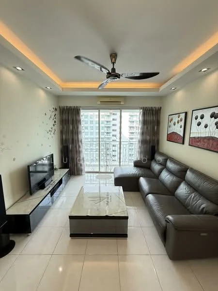 Living features: 3-seater leather sofa in grey, coffee table with marble top, TV console, wall-mounted TV, floor-to-ceiling windows, sheer curtains, 5-blade ceiling fan with light, recessed LED downlights, decorative wall art, white painted walls, cream tiled flooring; style: modern; view: city.