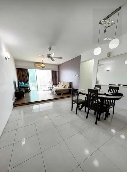 Living features: white painted walls, grey accent wall, polished ceramic tile flooring, 5-blade ceiling fan with light, sofa in beige, dining table with 4 black chairs, floor-to-ceiling windows, curtains, wall-mounted air conditioning unit, decorative pendant lights; style: modern; view: city.