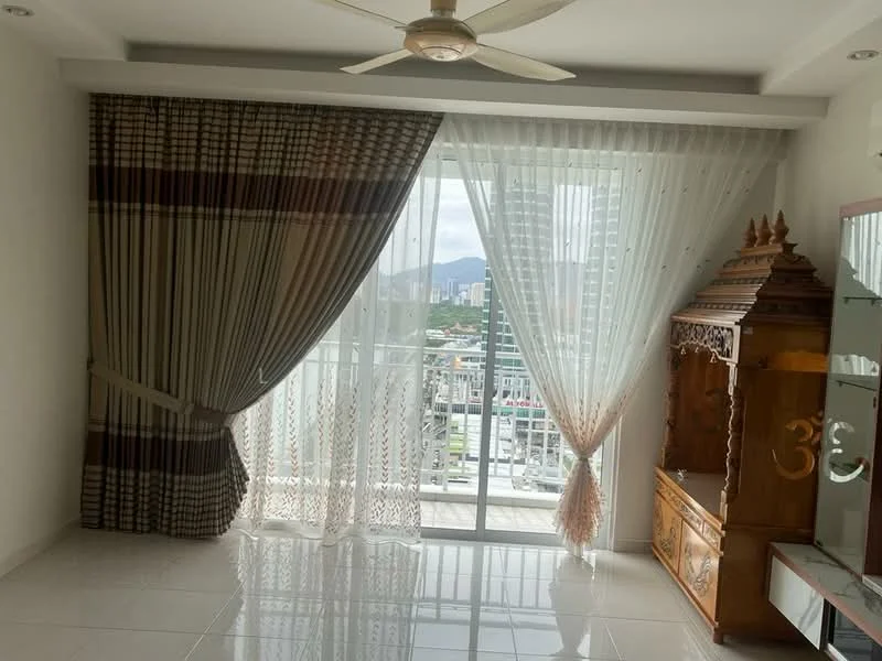Living features: floor-to-ceiling sliding glass door, sheer curtains, striped curtains, white walls, polished tile flooring, ceiling fan, decorative wooden cabinet, decorative wall art, city view through window; style: modern; view: city.