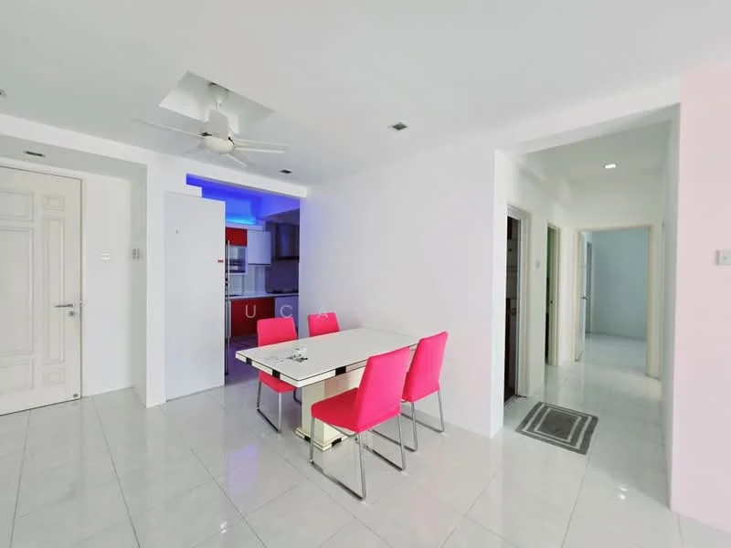 Dining features: white walls, glossy white tile flooring, 5-blade ceiling fan with light, 6-seater dining table with metallic legs, pink upholstered dining chairs, decorative centerpiece on table, open layout to kitchen, recessed lighting, doorway to hallway; style: modern. Kitchen features: red cabinetry, stainless-steel appliances, white countertop, open layout to dining area; style: modern. Hallway features: white walls, glossy white tile flooring, doorway to other rooms.