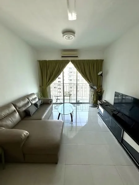 Living features: L-shape sectional sofa in beige, glass coffee table, wall-mounted TV, TV console in white, floor-to-ceiling windows, sheer curtains in green, recessed ceiling lights, white painted walls, glossy tile flooring, air conditioning unit; style: modern; view: city.
