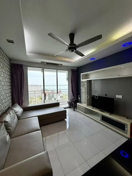Living features: L-shape sectional sofa in beige, wall-mounted TV, TV console with storage, white painted walls, grey accent wall, recessed downlights, 5-blade ceiling fan with light, floor-to-ceiling windows, curtains in purple, glossy white tile flooring, decorative wall with circular pattern, view of the city skyline; style: modern; view: city.