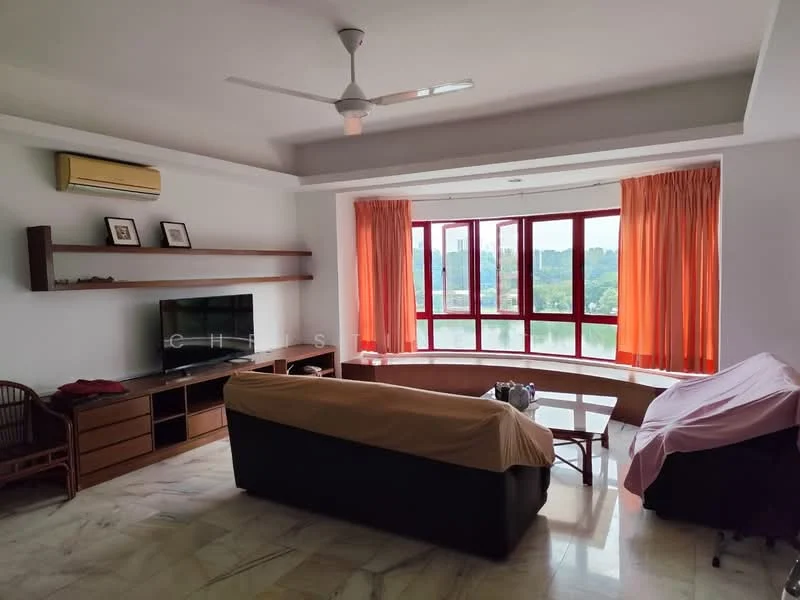 Living features: marble flooring, white painted walls, 5-blade ceiling fan with light, wall-mounted TV, wooden TV console, open shelving, large bay windows, orange curtains, sofa with beige cover, coffee table, decorative wall art; style: modern; view: garden.
