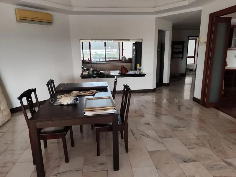 Dining features: marble flooring, round dining table, wooden dining chairs, wall-mounted air conditioning unit, large mirror on wall, window with city view, decorative items on table, neutral wall color, crown moulding on ceiling; style: modern; view: city. Room features: marble flooring, neutral wall color, crown moulding on ceiling.