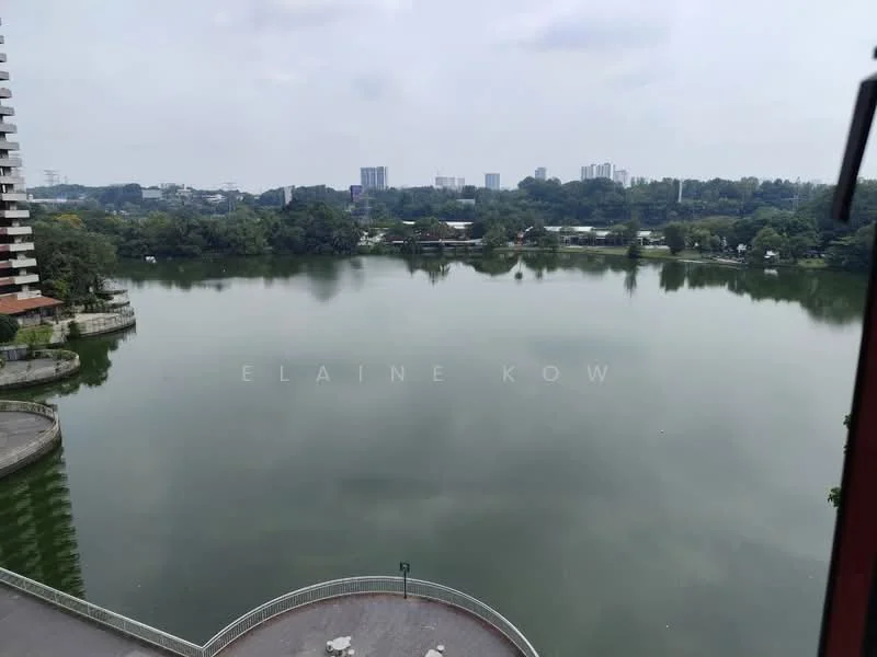 Exterior features: lake view, surrounding greenery, urban skyline in background, waterfront, paved walkway, balcony area.