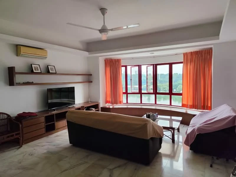 Living features: 3-seater sofa with beige cover, coffee table, TV console, wall-mounted TV, floor-to-ceiling windows, red curtains, ceiling fan, air conditioning unit, marble flooring, wooden shelving unit, decorative wall art; style: modern; view: garden.