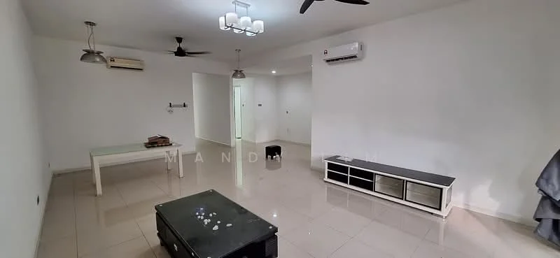 Living features: white painted walls, glossy tile flooring, 5-blade ceiling fan with light, 2 wall-mounted split AC units, glass coffee table, black TV console, light fixture with multiple bulbs, open layout; style: modern.