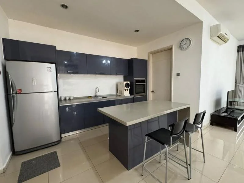 Kitchen features: blue cabinetry, white countertop, stainless-steel fridge, built-in oven, single-bowl stainless-steel sink, chrome pull-down faucet, ceramic tile flooring, recessed downlights, three bar stools, wall-mounted clock, air conditioning unit; style: modern.