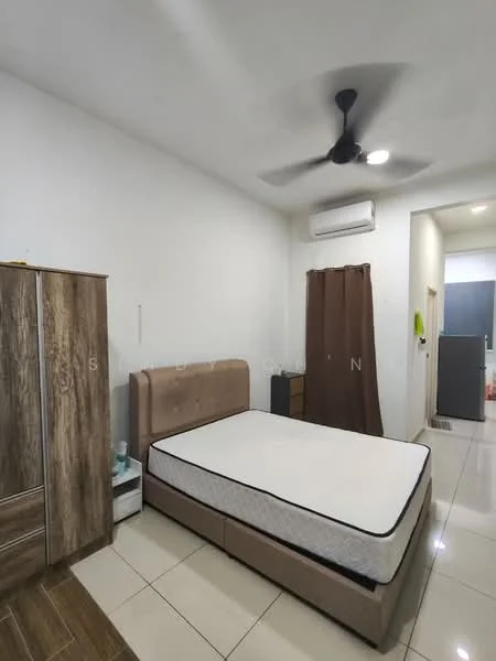 Bedroom features: queen-size bed, upholstered headboard, wooden wardrobe with sliding doors, ceiling fan, wall-mounted air conditioning unit, tile flooring, white painted walls, brown curtain, nightstand, doorway leading to bathroom, light switch, window with no visible treatment; style: modern.