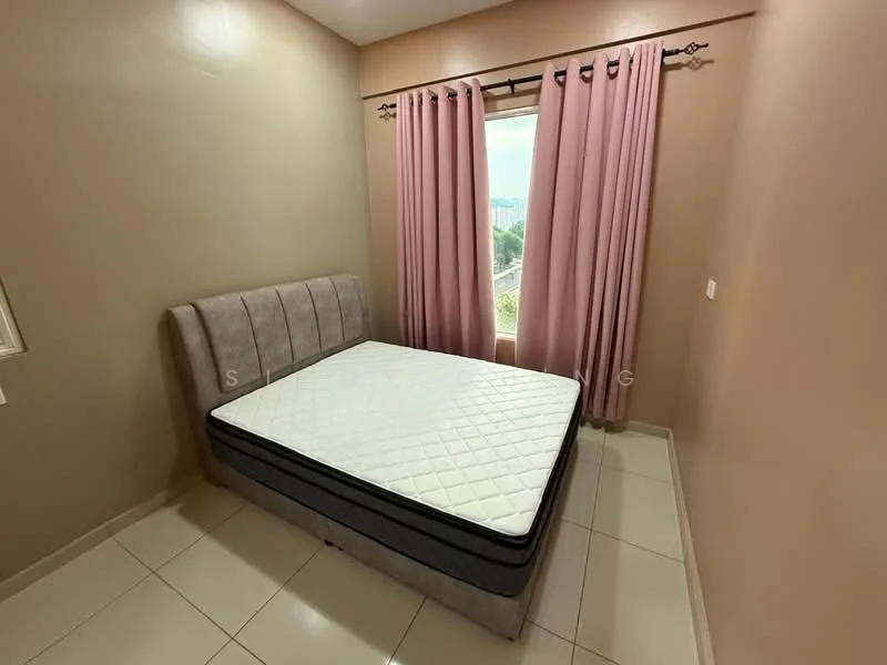 Bedroom features: queen-size bed, upholstered headboard, pink curtains, floor-to-ceiling window, cream painted walls, tile flooring, decorative wall molding, natural light from window; style: modern; view: city.