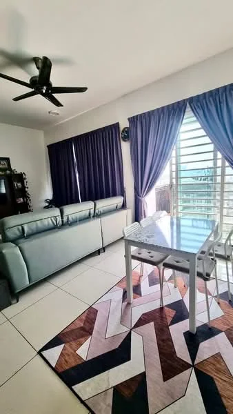 Living features: 3-seater fabric sofa in light grey, ceiling fan, floor-to-ceiling windows, purple curtains, white walls, tile flooring, decorative wall unit, area rug with geometric pattern, glass dining table, transparent dining chairs; style: modern; view: city.