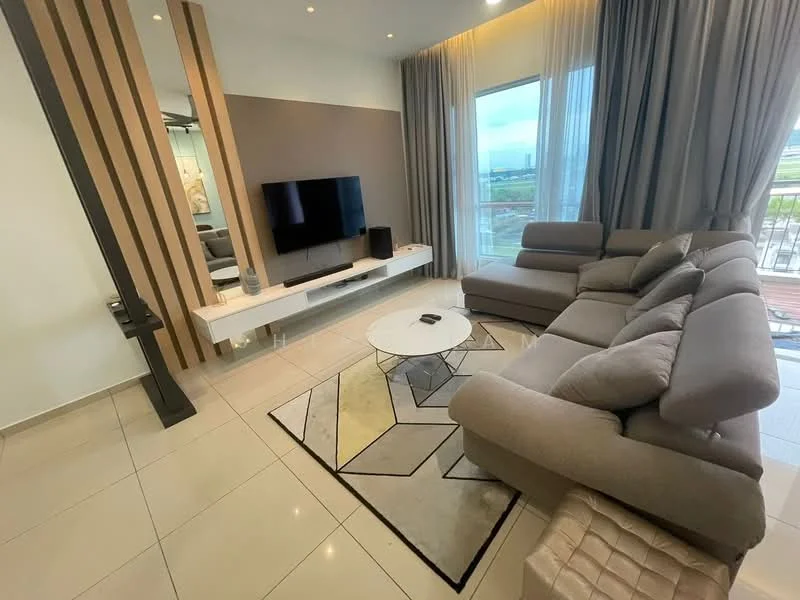 Living features: L-shape sectional sofa in grey, coffee table, area rug with geometric pattern, wall-mounted TV, TV console, floor-to-ceiling windows, curtains, light-colored walls, tile flooring, decorative wall paneling, recessed downlights; style: modern; view: city.