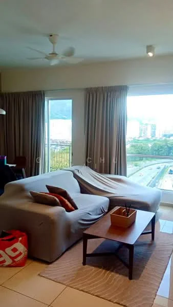 Living features: 3-seater fabric sofa in grey, coffee table, area rug, floor-to-ceiling windows, curtains, ceiling fan, decorative cushions, view of city skyline; style: modern; view: city.