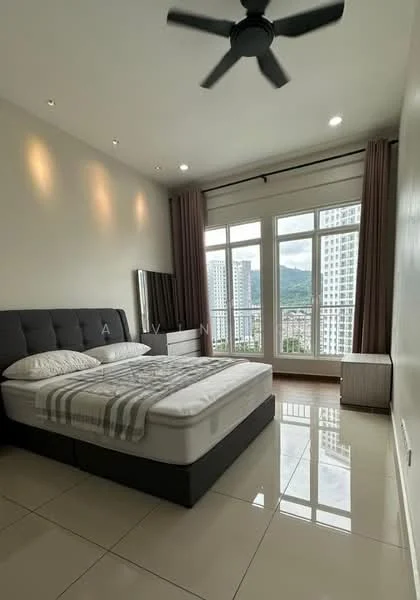 Bedroom features: king-size bed, upholstered headboard, 2 bedside lamps, floor-to-ceiling windows, curtains, 5-blade ceiling fan, white painted walls, polished tile flooring, built-in wardrobe, decorative wall lighting; style: modern; view: city.