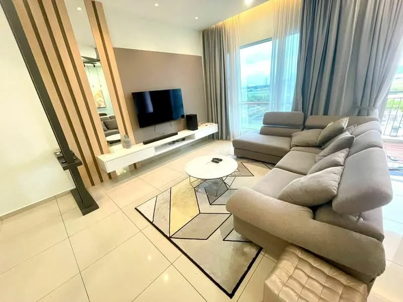 Living features: L-shape sectional sofa in grey, coffee table with round glass top, area rug with geometric pattern, wall-mounted TV, TV console, floor-to-ceiling windows, sheer curtains, light-coloured walls, cream tiled flooring, decorative wall paneling, recessed downlights; style: modern; view: city.