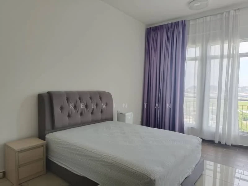 Bedroom features: queen-size bed with upholstered headboard, white bedding, nightstand with drawer, floor-to-ceiling windows, sheer curtains, purple blackout curtains, tile flooring, recessed ceiling light; style: modern; view: city.