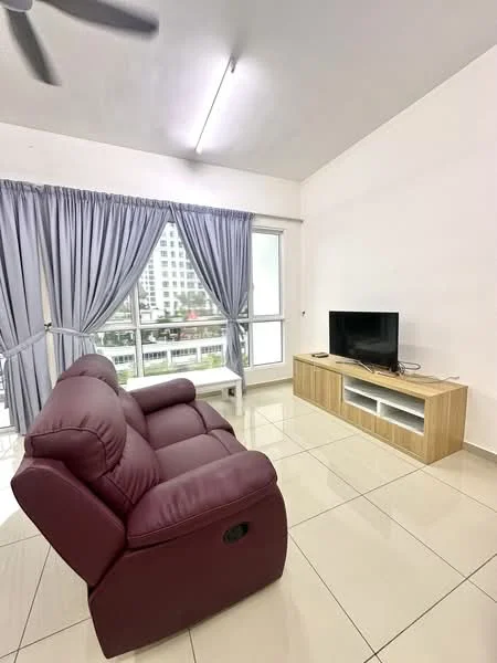 Living features: 3-seater maroon leather sofa, wooden TV console, wall-mounted TV, floor-to-ceiling windows, grey sheer curtains, white painted walls, tile flooring, ceiling fan with light, LED ceiling lights; style: modern; view: city.