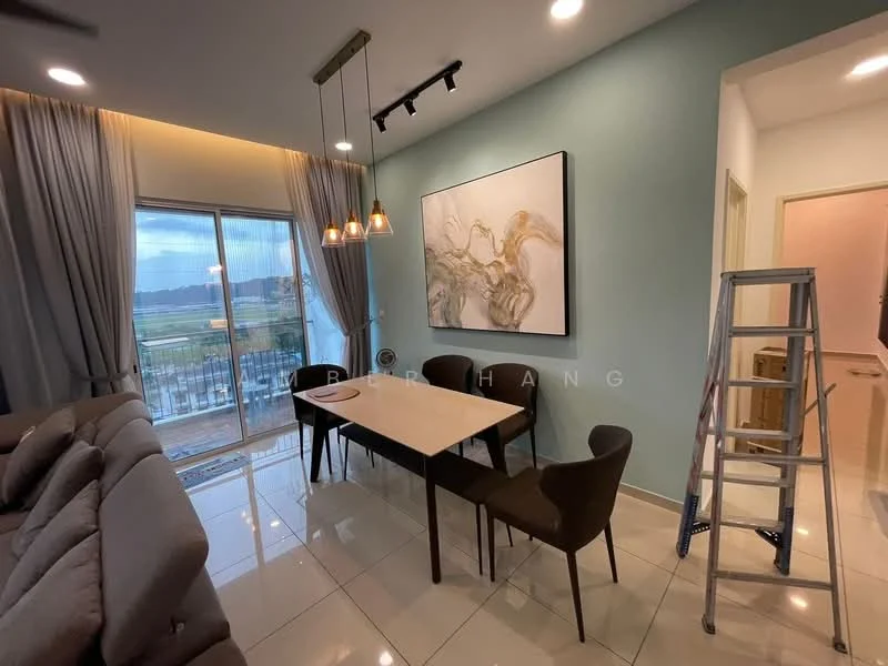 Dining features: dining table with 6 chairs, pendant lighting above table, light green accent wall, floor-to-ceiling windows, curtains, polished tile flooring, sofa in adjacent living area, ladder in corner; style: modern; view: city.
