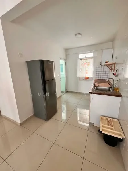 Kitchen features: grey fridge, single-bowl stainless-steel sink, chrome pull-down faucet, brown laminate countertop, white upper cabinets, white lower cabinets, tile backsplash, ceramic tile flooring, window with sheer curtains, light fixture on ceiling, kitchen cart, garbage bin; style: modern.