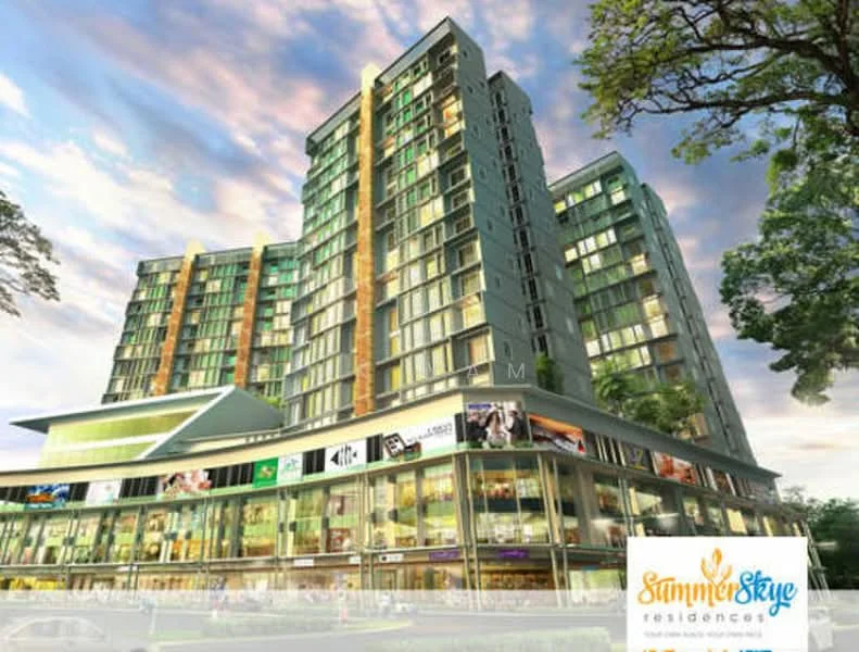 Exterior type: high-rise condominium; features: glass curtain wall, green facade, recessed balconies, projecting balconies, commercial space at ground level, landscaped surroundings, mature trees, feature lighting, multiple storeys, modern architectural design; style: modern.