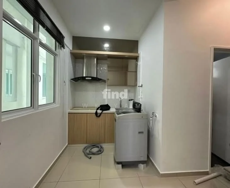 Kitchen features: white painted walls, light-colored cabinetry, wooden countertop, built-in kitchen hood, stainless-steel sink, washing machine, ceramic tile flooring, window with sheer curtains, recessed downlights; style: modern.