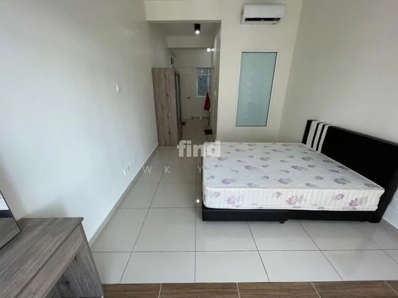 Bedroom features: queen-size bed with mattress, white tiled flooring, white painted walls, 1 wall-mounted split AC, built-in wardrobe, window with natural light, light fixture on ceiling, decorative wall panel; style: modern.
