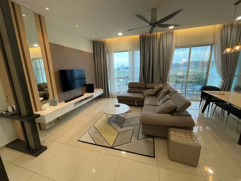 Living features: 3-seater fabric sofa in light grey, coffee table with geometric design, area rug with geometric pattern, wall-mounted TV, TV console in white, floor-to-ceiling windows, sheer curtains, recessed downlights, 5-blade ceiling fan, decorative wall with brown accent, dining table with chairs visible in background; style: modern; view: city.