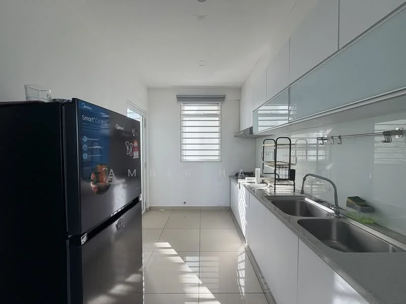 Kitchen features: double-bowl stainless-steel sink, chrome pull-down faucet, grey granite countertop, white flat-panel cabinets, black stainless-steel fridge, ceramic tile flooring, window with horizontal blinds, recessed downlights; style: modern.
