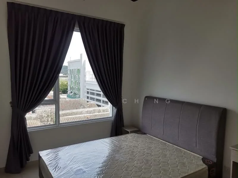 Bedroom features: queen-size bed, upholstered headboard, floor-to-ceiling window, blackout curtains, nightstands, white painted walls, light-colored flooring, decorative throw pillows; style: modern; view: city.