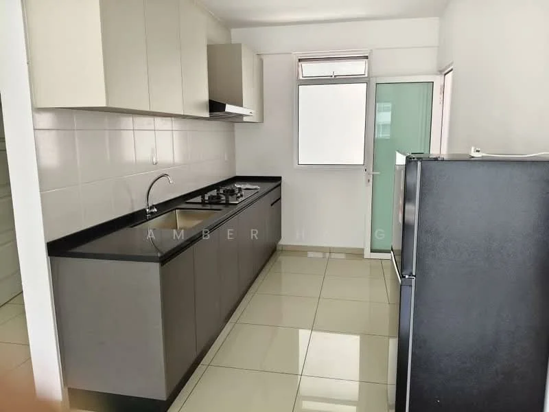 Kitchen features: black granite countertop, white upper cabinets, grey lower cabinets, stainless-steel sink, chrome pull-down faucet, 4-burner gas hob, built-in range hood, black refrigerator, white tiled walls, glossy ceramic tile flooring, window with glass panel, door leading outside; style: modern.