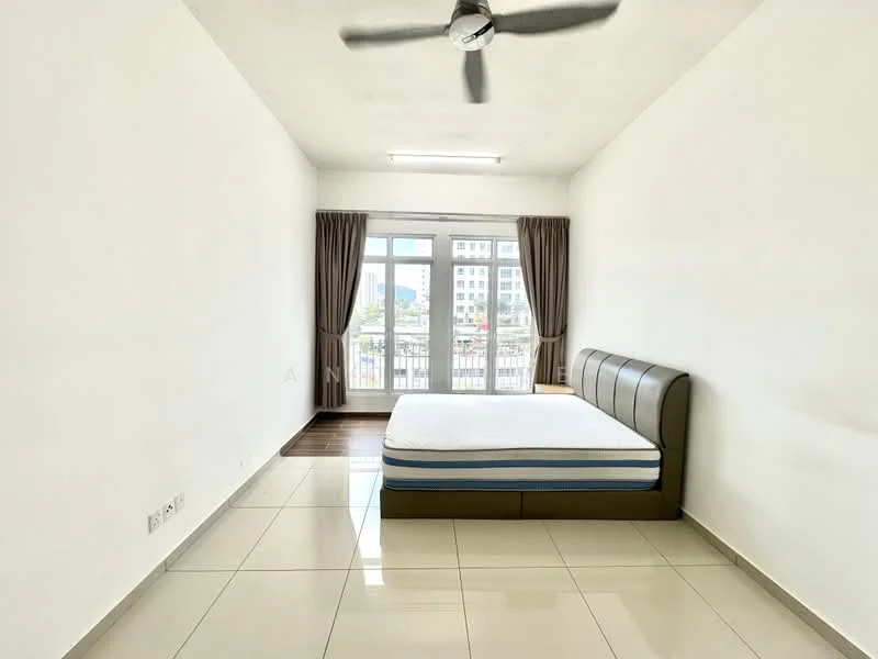 Bedroom features: queen-size bed, white painted walls, glossy tile flooring, 5-blade ceiling fan, floor-to-ceiling windows, curtains, balcony access, natural light; style: modern; view: city.
