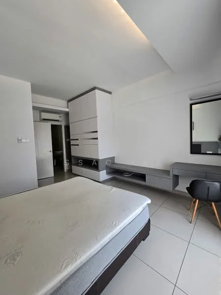 Bedroom features: queen-size bed, grey upholstered headboard, built-in wardrobe with grey cabinetry, desk with mirror, chair, white painted walls, tile flooring, recessed lighting, window with natural light; style: modern.